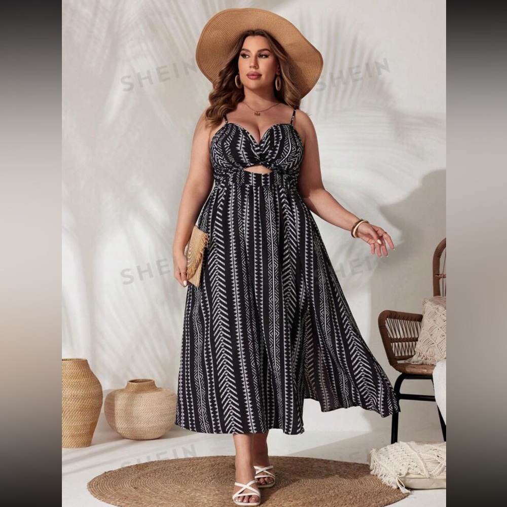 SHEIN VCAY Plus Size Women's Geometric Pattern Cami Summer Dress